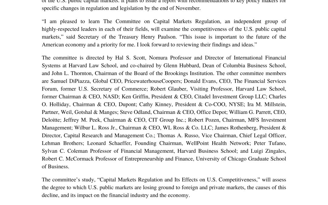 New Independent Non-Partisan Committee to Study Capital Markets Regulation and Make Recommendations to Key Policy Makers