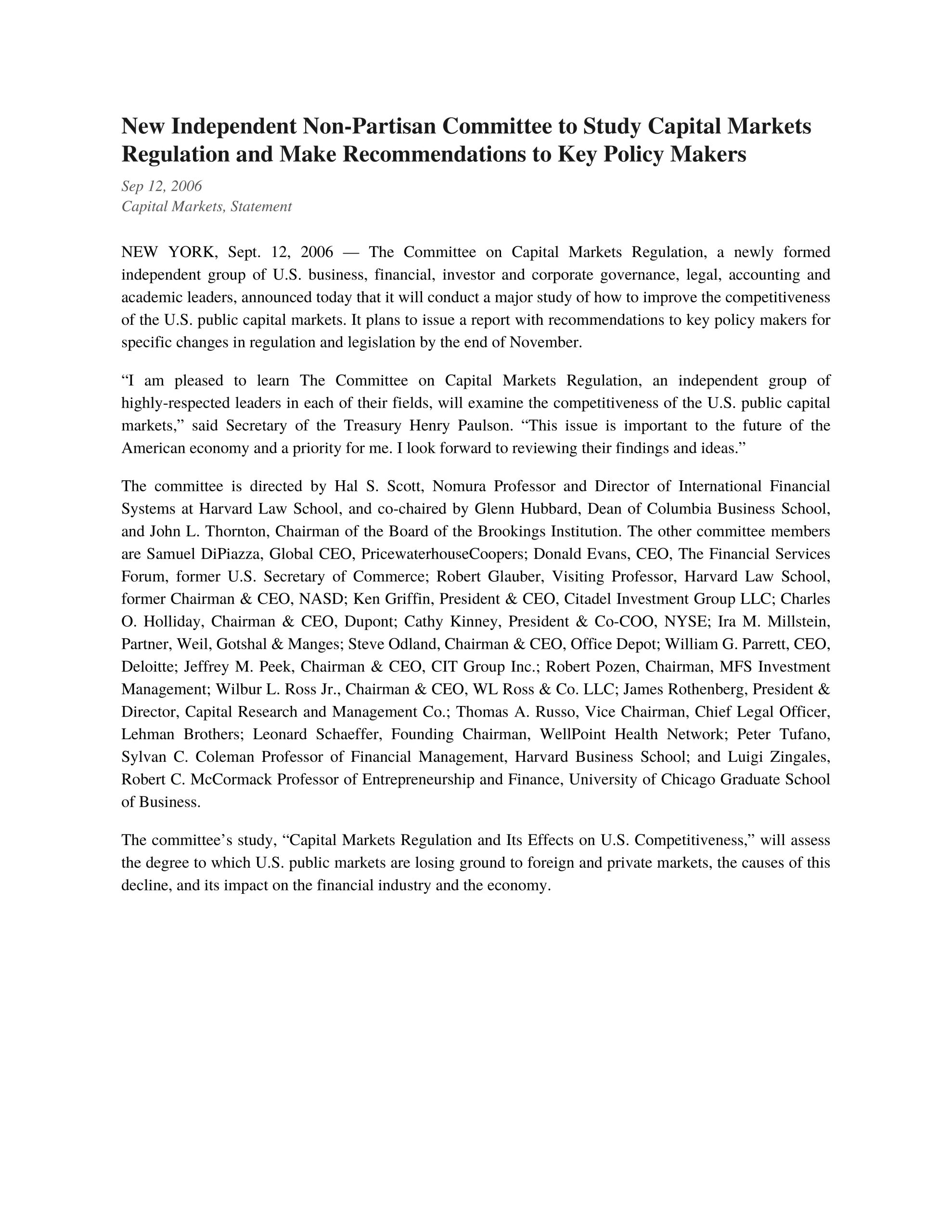 New Independent Non-Partisan Committee to Study Capital Markets Regulation and Make Recommendations to Key Policy Makers