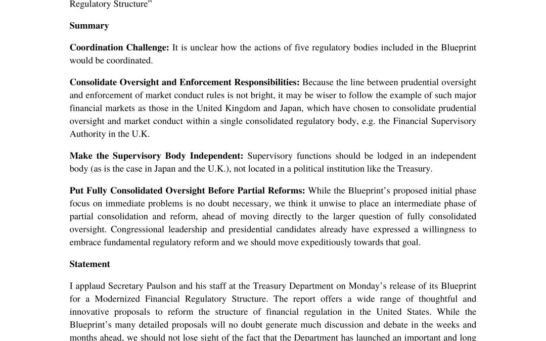 Statement by Prof. Hal S. Scott in Response to the Treasury Department’s “Blueprint for A Modernized Financial Regulatory Structure”