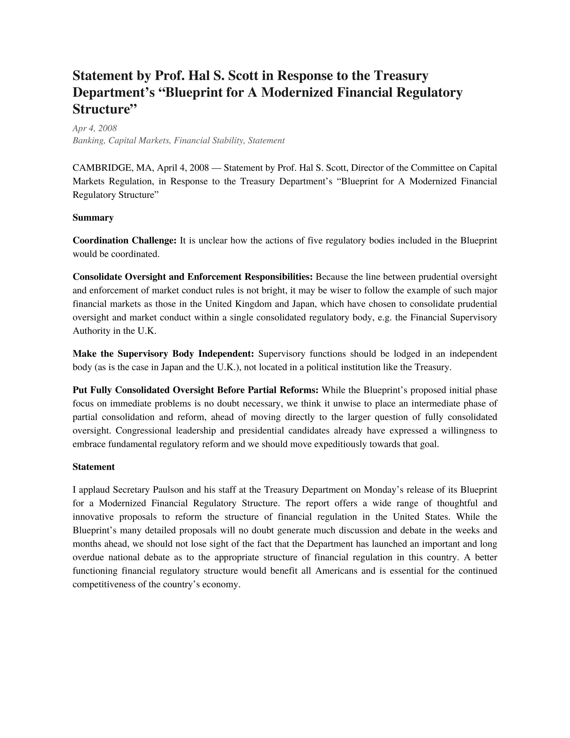 Statement by Prof. Hal S. Scott in Response to the Treasury Department’s “Blueprint for A Modernized Financial Regulatory Structure”