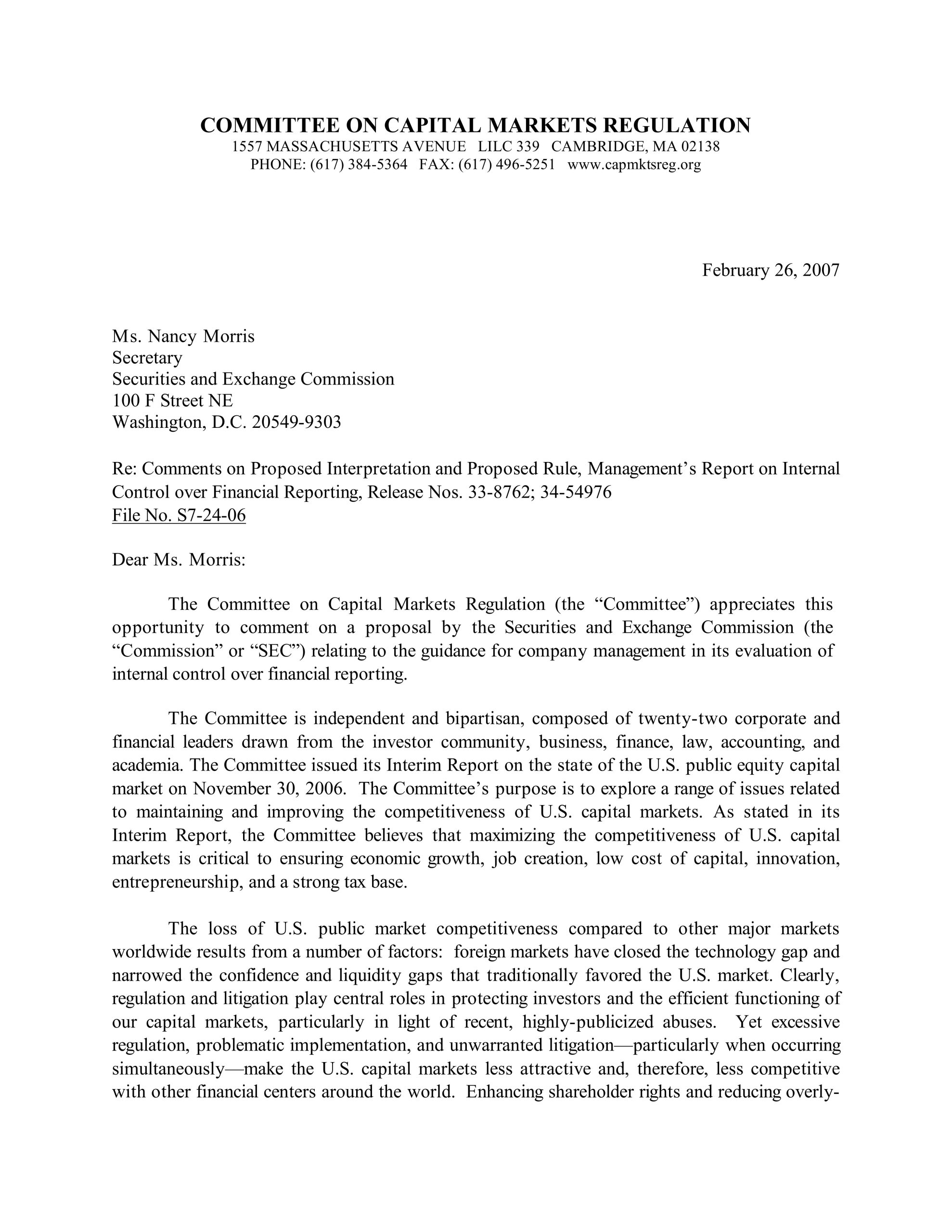 Comment Letter to SEC on Sarbanes-Oxley Section 404