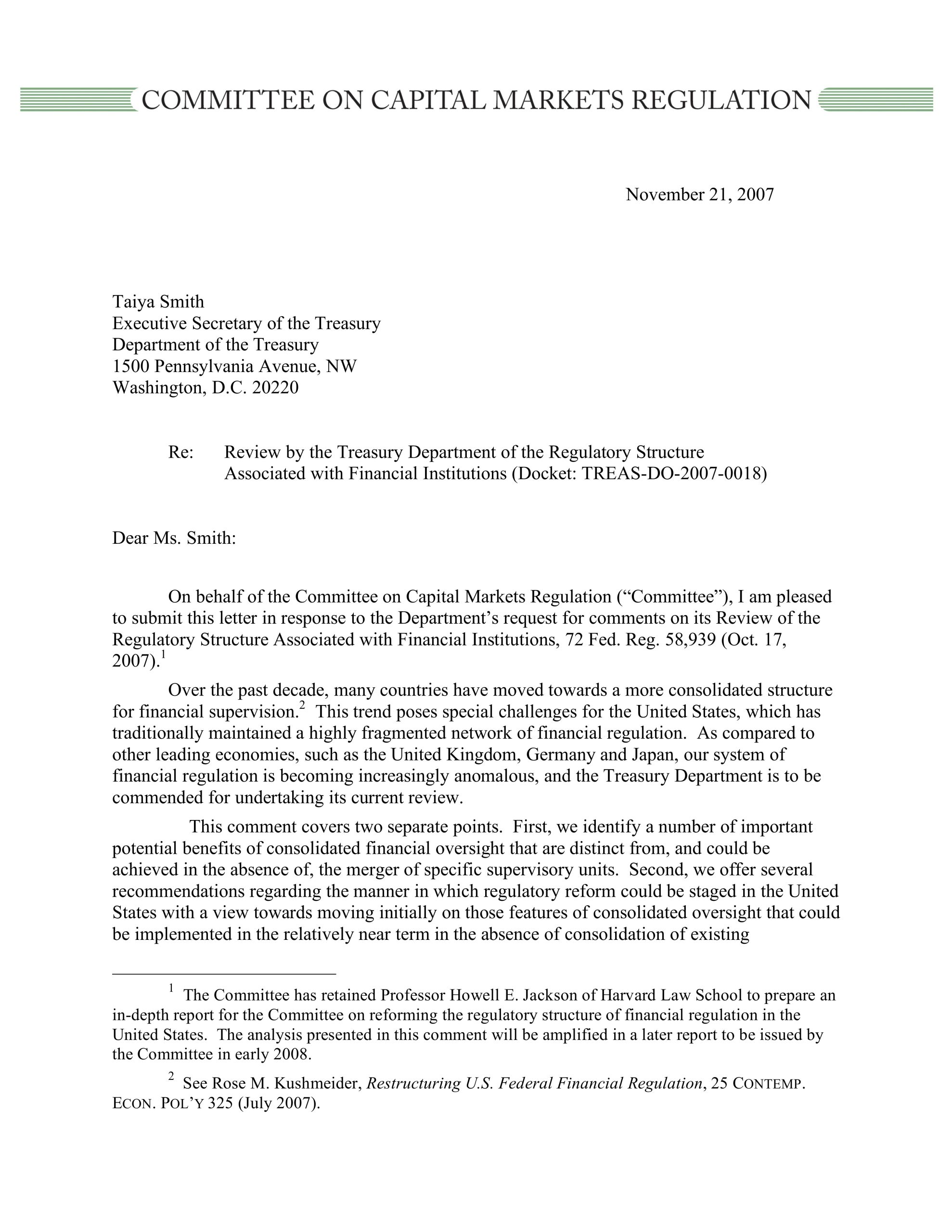 Comment Letter on the Review by the Treasury Department of the Regulatory Structure Associated with Financial Institutions
