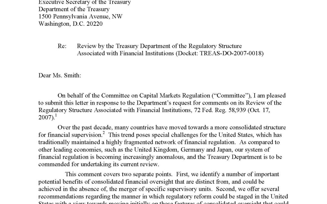 Comment Letter on the Review by the Treasury Department of the Regulatory Structure Associated with Financial Institutions