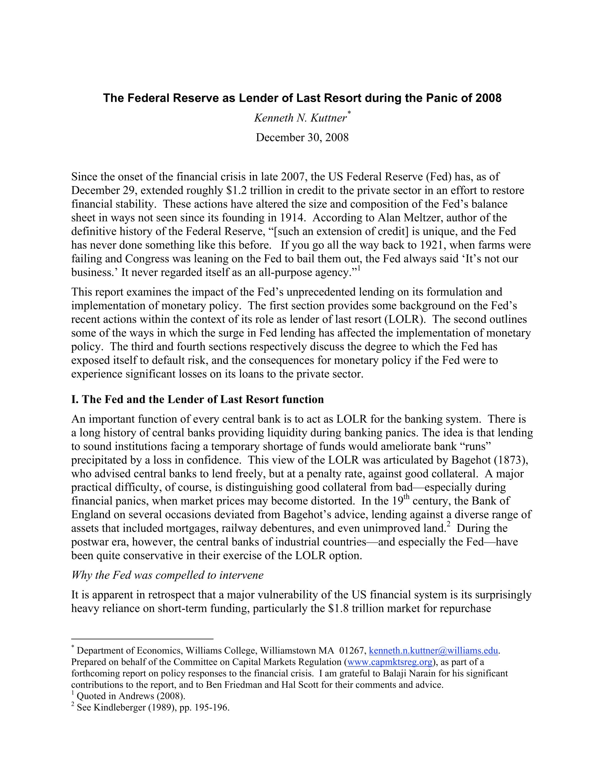 Report: The Federal Reserve as Lender of Last Resort during the Panic of 2008