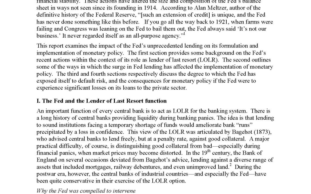 Report: The Federal Reserve as Lender of Last Resort during the Panic of 2008