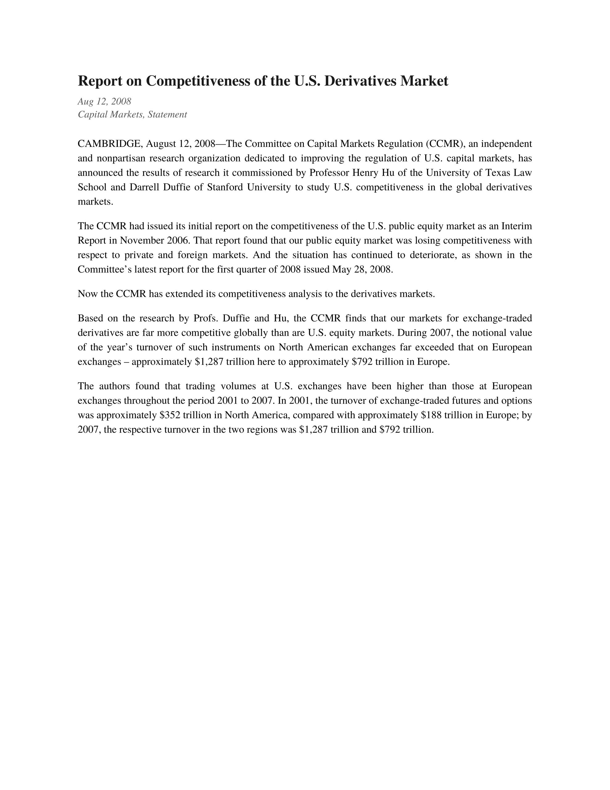 Report on Competitiveness of the U.S. Derivatives Market