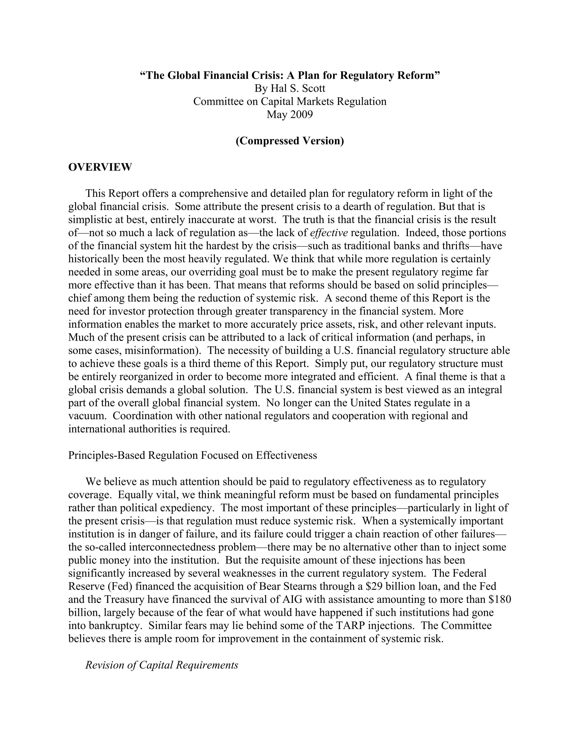 Report: The Global Financial Crisis: A Plan for Regulatory Reform