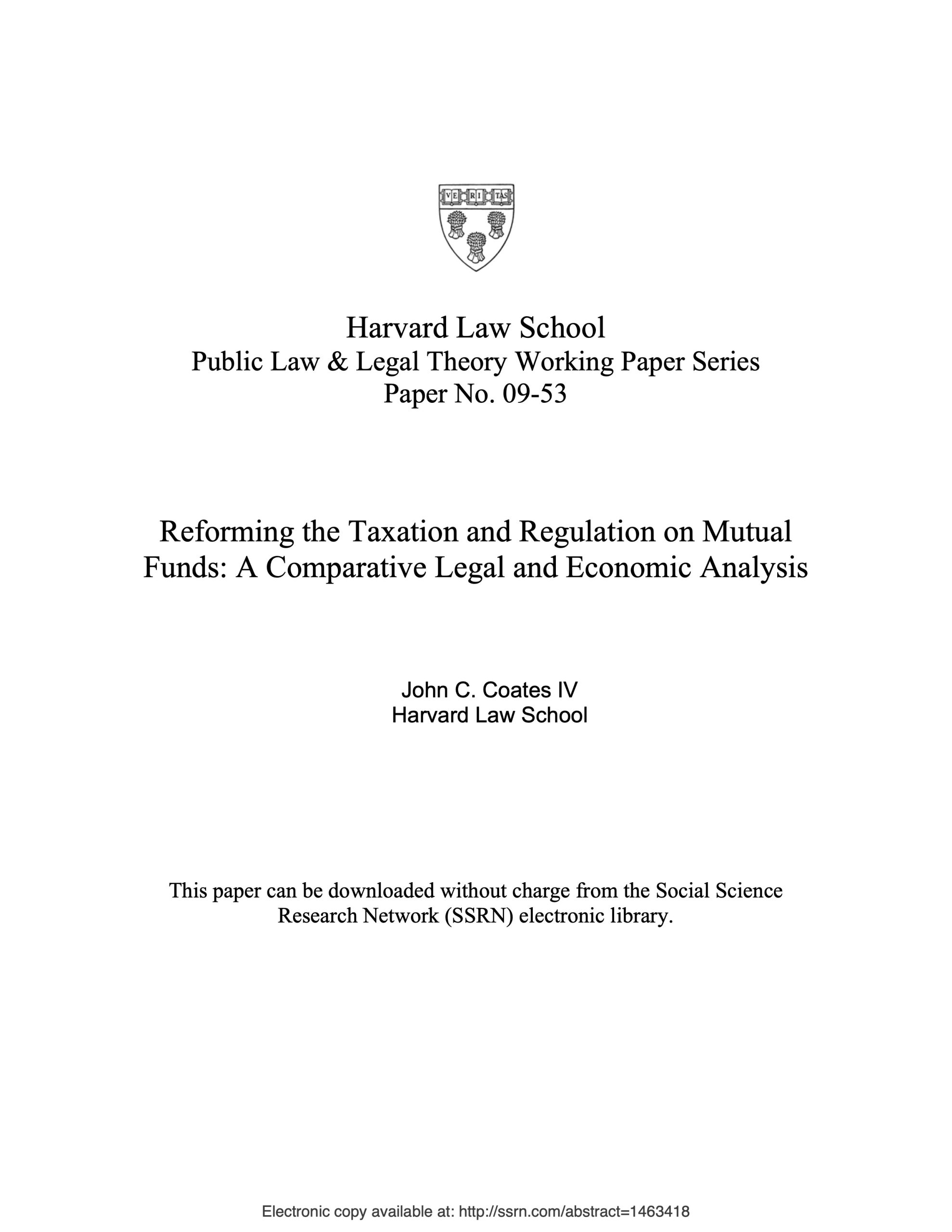 Report: Coates’ Recommendations on Mutual Funds and Other Collective Investments