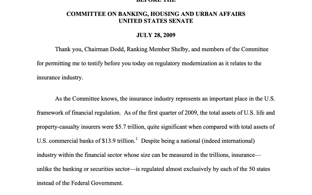 Hal S. Scott Testifies Before the Senate Committee on Banking, Housing and Urban Affairs on Regulatory Modernization as it Relates to Insurance Industry