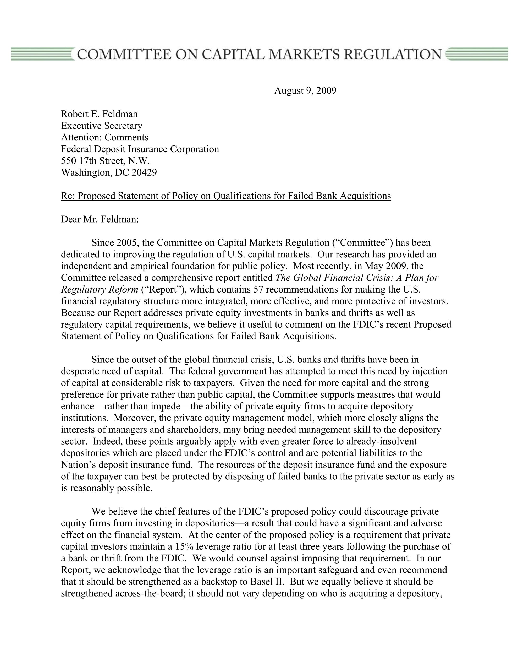 FDIC Comment Letter Regarding Proposed Statement of Policy on Qualifications for Failed Bank Acquisitions