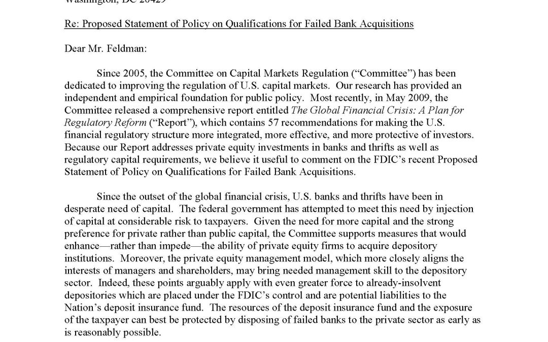 FDIC Comment Letter Regarding Proposed Statement of Policy on Qualifications for Failed Bank Acquisitions