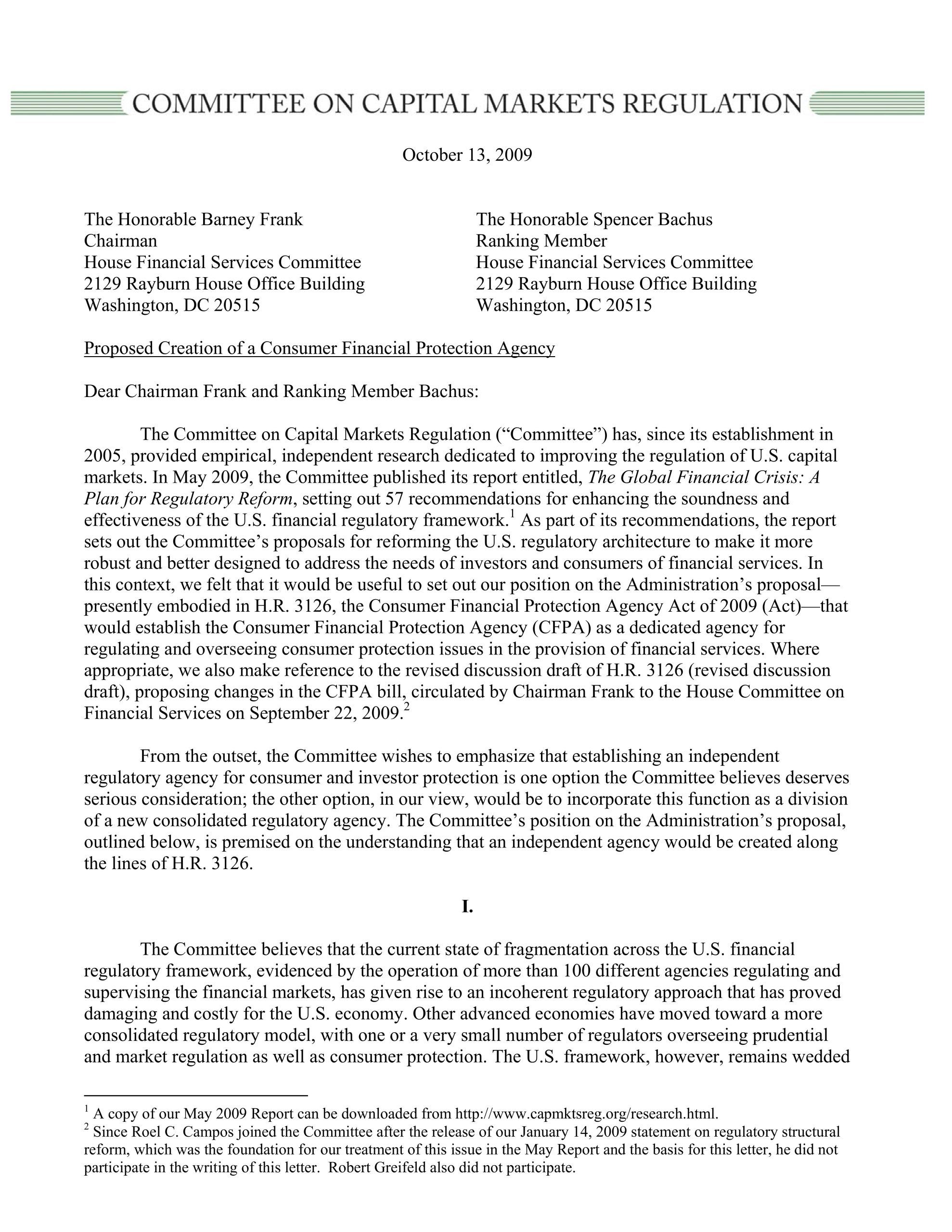 Comment Letter on Pending Consumer Protection Bill