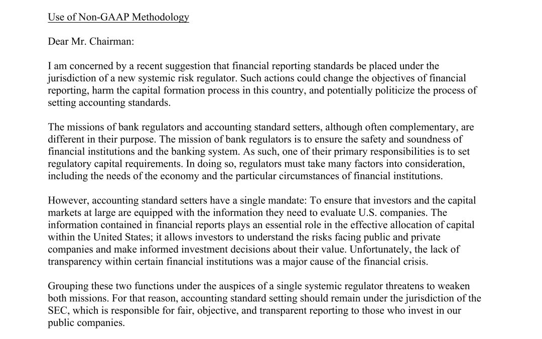 Comment Letter to Chairman Frank regarding the use of non-GAAP methodology