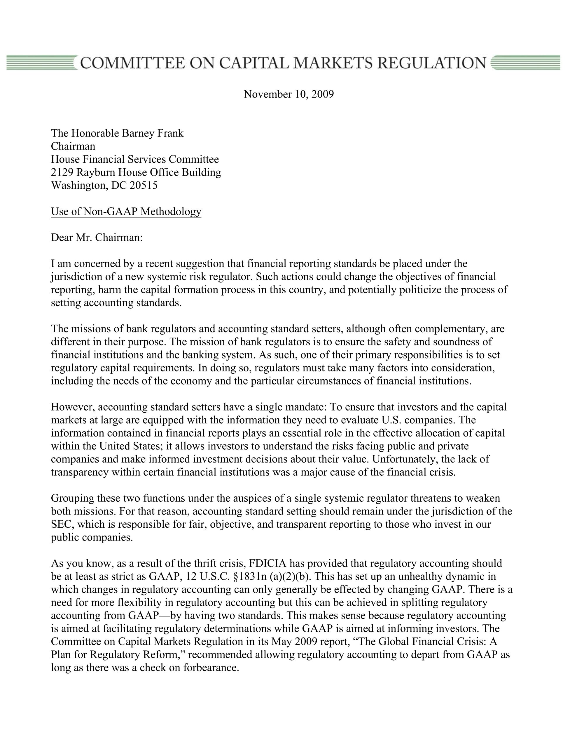 Comment Letter to Chairman Frank regarding the use of non-GAAP methodology