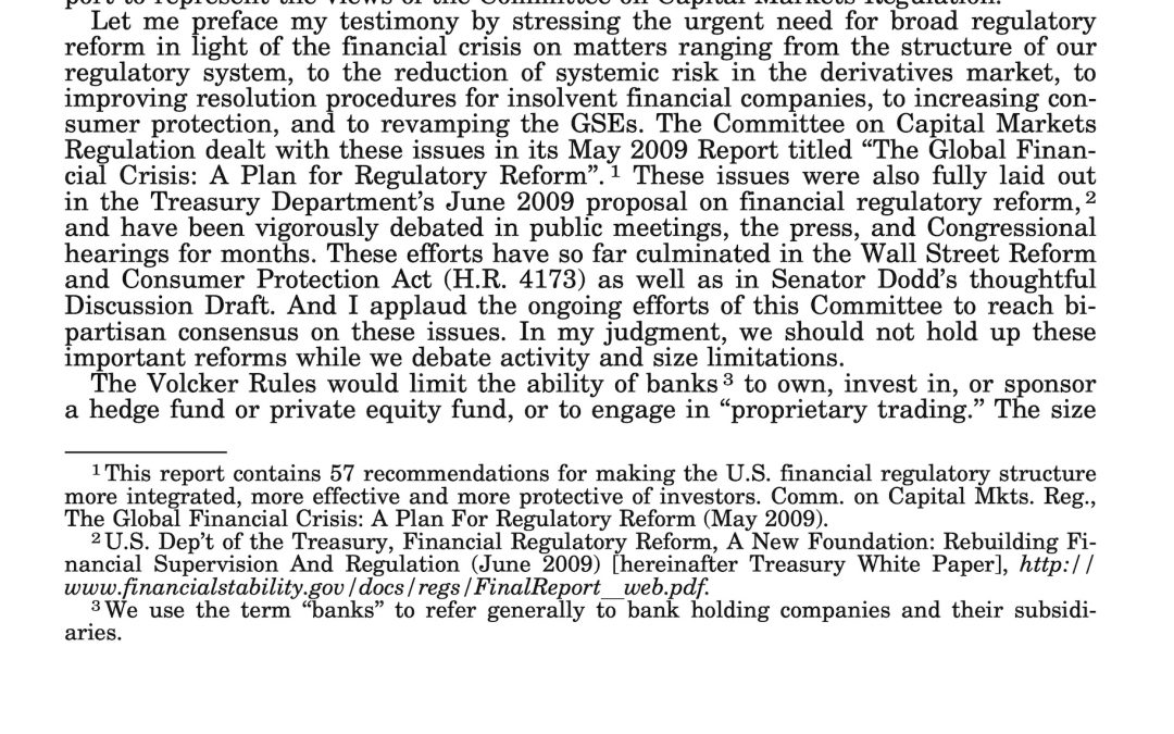 Hal S. Scott Testifies at Senate Committee on Banking, Housing and Urban Affairs Hearing on the “Implications of the ‘Volcker Rules’ for Financial Stability”