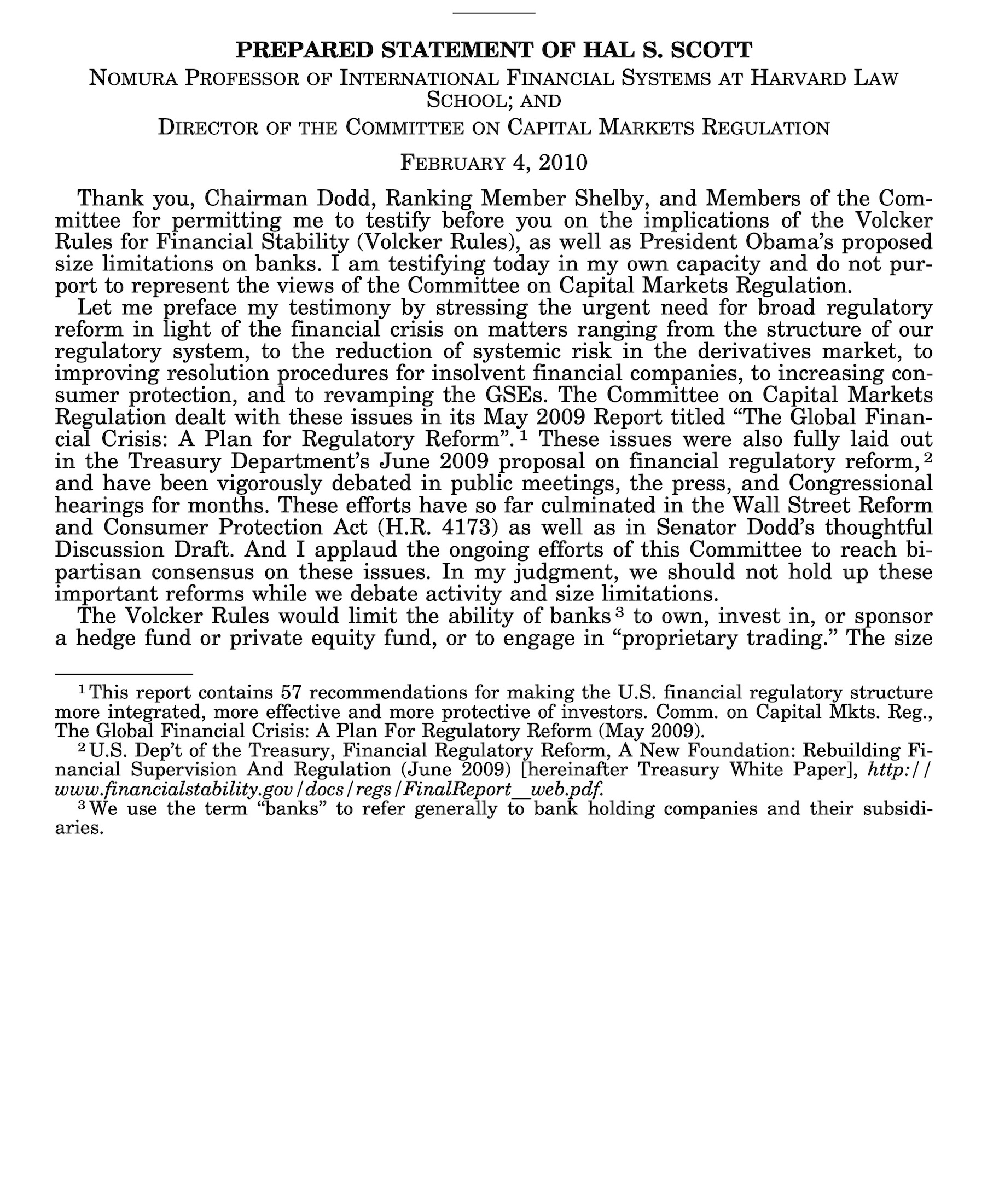 Hal S. Scott Testifies at Senate Committee on Banking, Housing and Urban Affairs Hearing on the “Implications of the ‘Volcker Rules’ for Financial Stability”