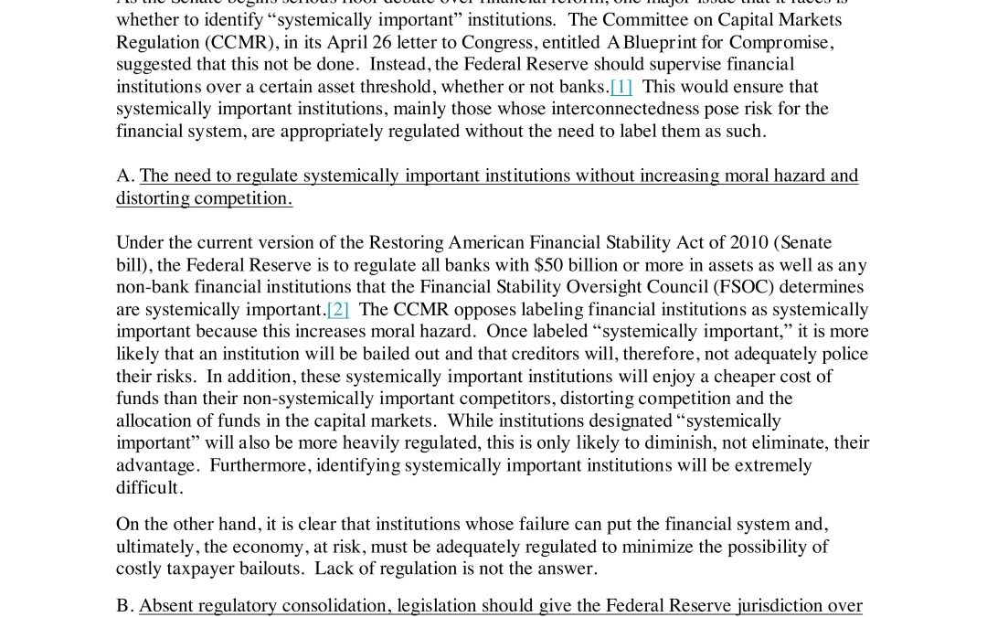Director Hal Scott Issues a Memo to Senators Dodd and Shelby Regarding Systemically Important Institutions
