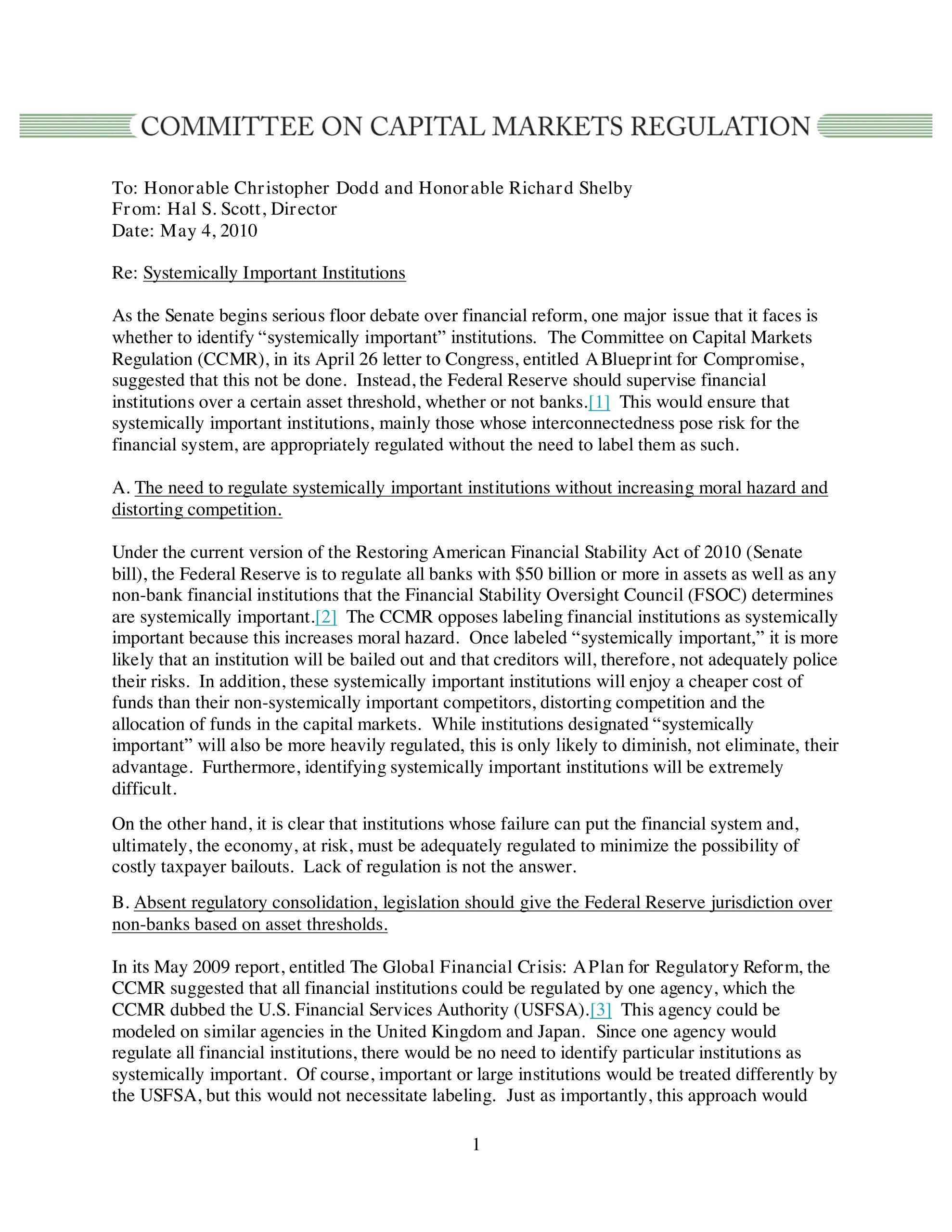 Director Hal Scott Issues a Memo to Senators Dodd and Shelby Regarding Systemically Important Institutions