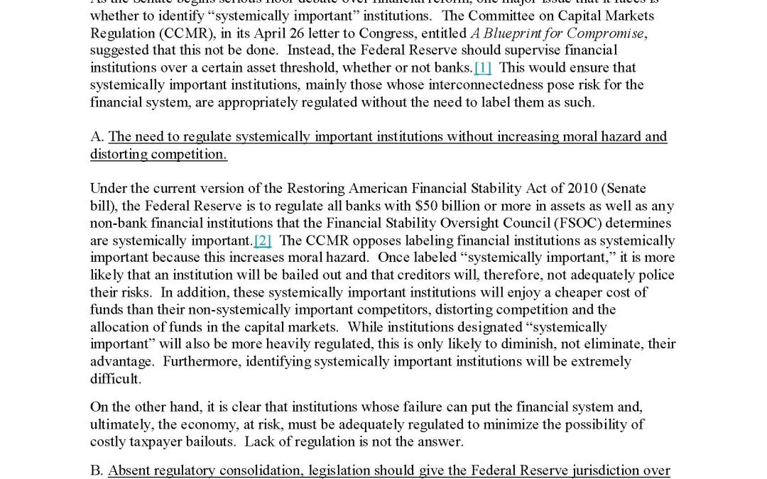 Director Hal Scott Issues a Memo to Senators Dodd and Shelby Regarding Systemically Important Institutions