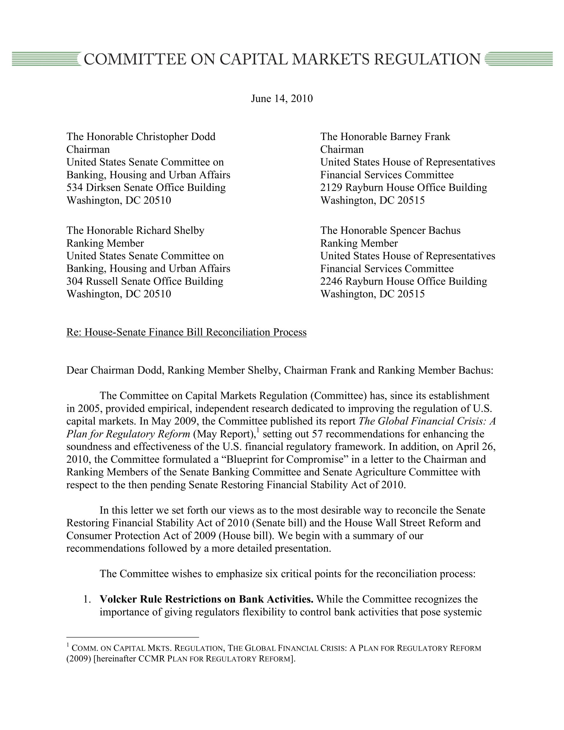 Letter On Six “Critical Points” in Reconciling Financial Reform Bills