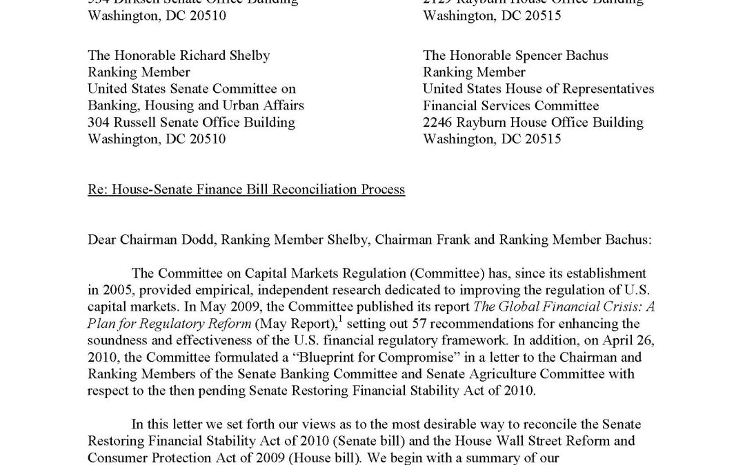 Letter On Six “Critical Points” in Reconciling Financial Reform Bills