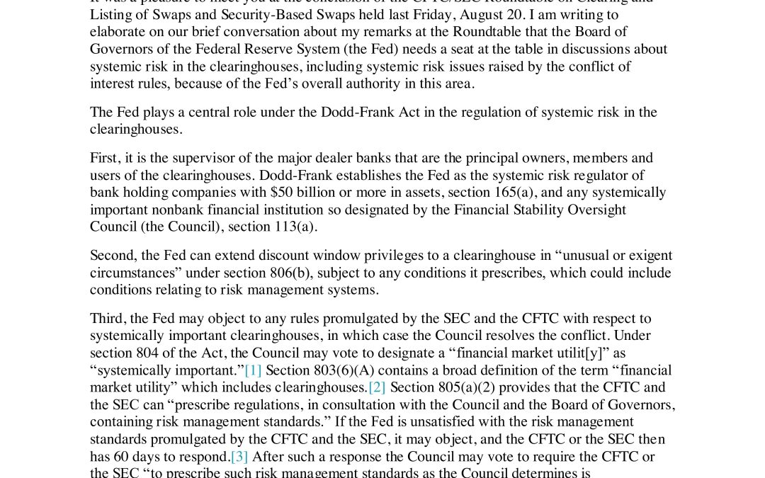Hal S. Scott Releases Comment Letter to CFTC Chairman Gensler Urging Major Federal Reserve Input to CFTC Rules on Conflicts of Interest in Derivatives Clearinghouses