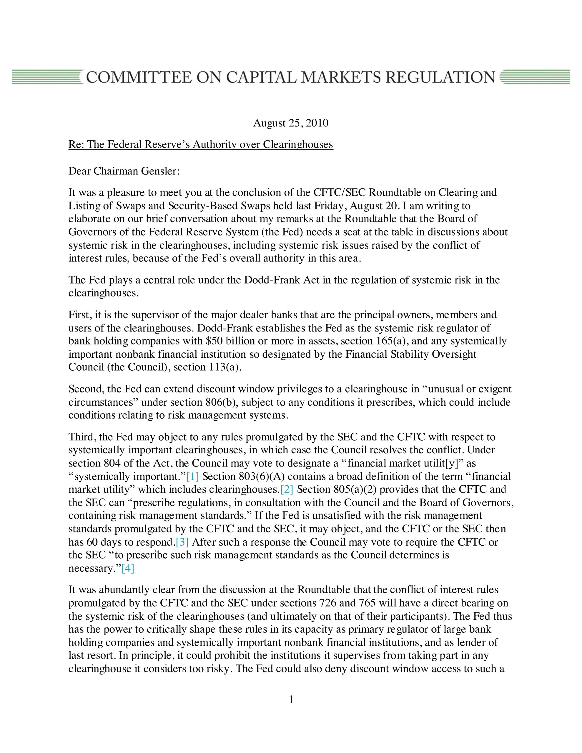 Hal S. Scott Releases Comment Letter to CFTC Chairman Gensler Urging Major Federal Reserve Input to CFTC Rules on Conflicts of Interest in Derivatives Clearinghouses