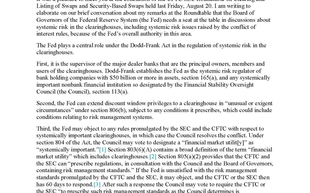 Hal S. Scott Releases Comment Letter to CFTC Chairman Gensler Urging Major Federal Reserve Input to CFTC Rules on Conflicts of Interest in Derivatives Clearinghouses