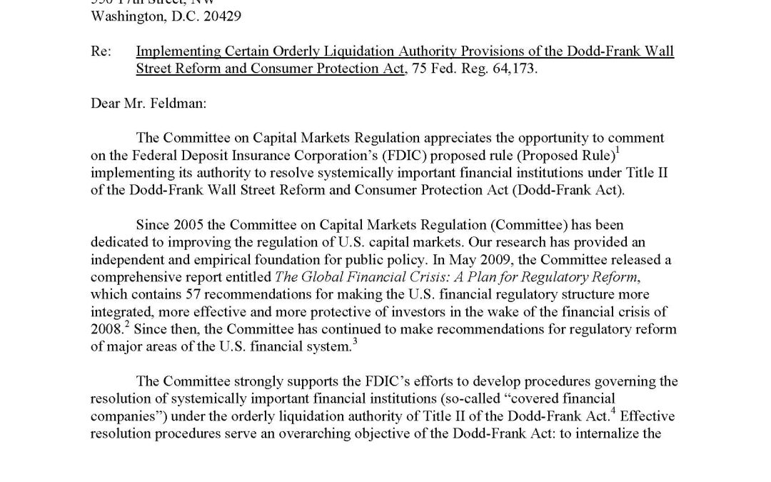 Comment Letter to the FDIC regarding its orderly liquidation authority under the Dodd-Frank Act