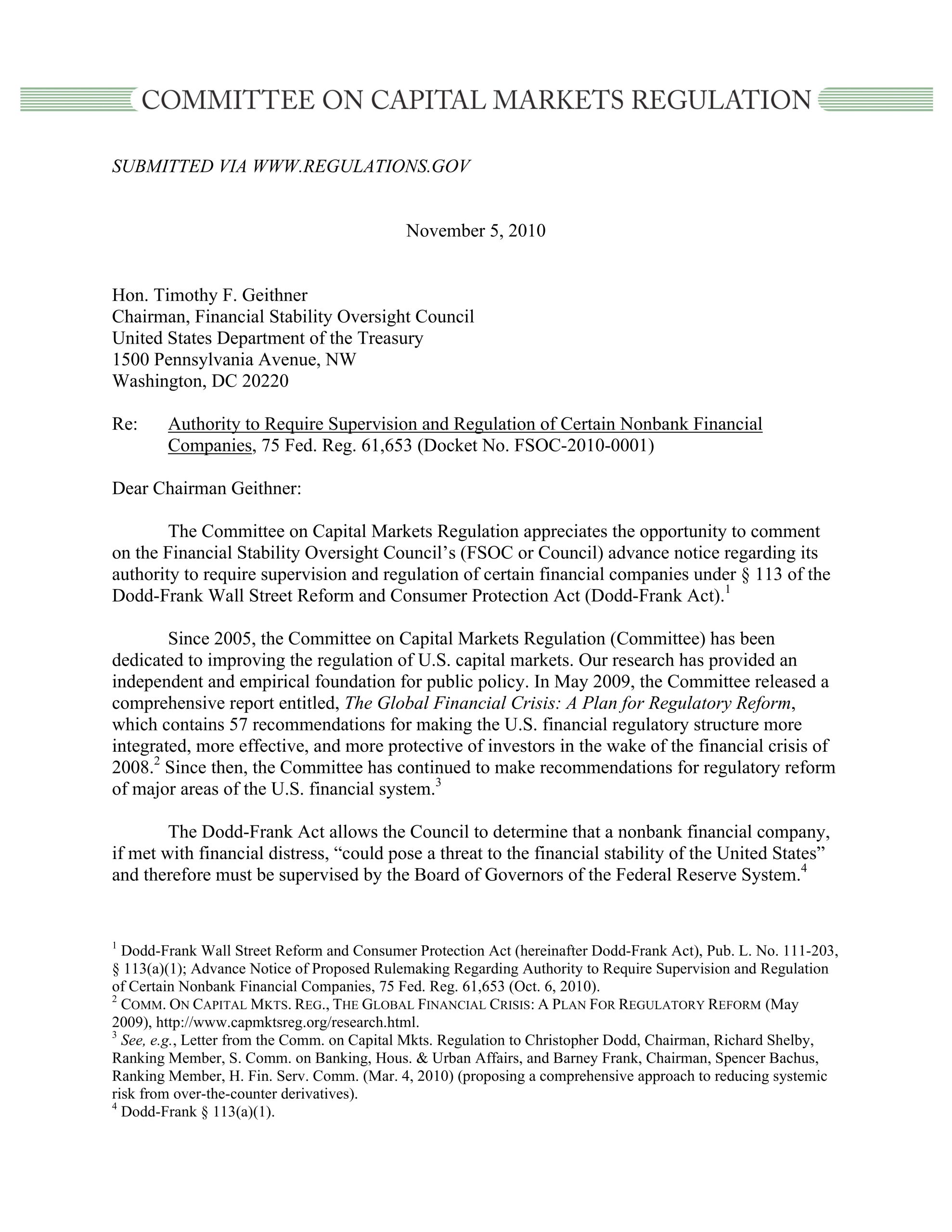 Comment Letter to the FSOC Regarding the Designation of Financial Companies as Systemically Important