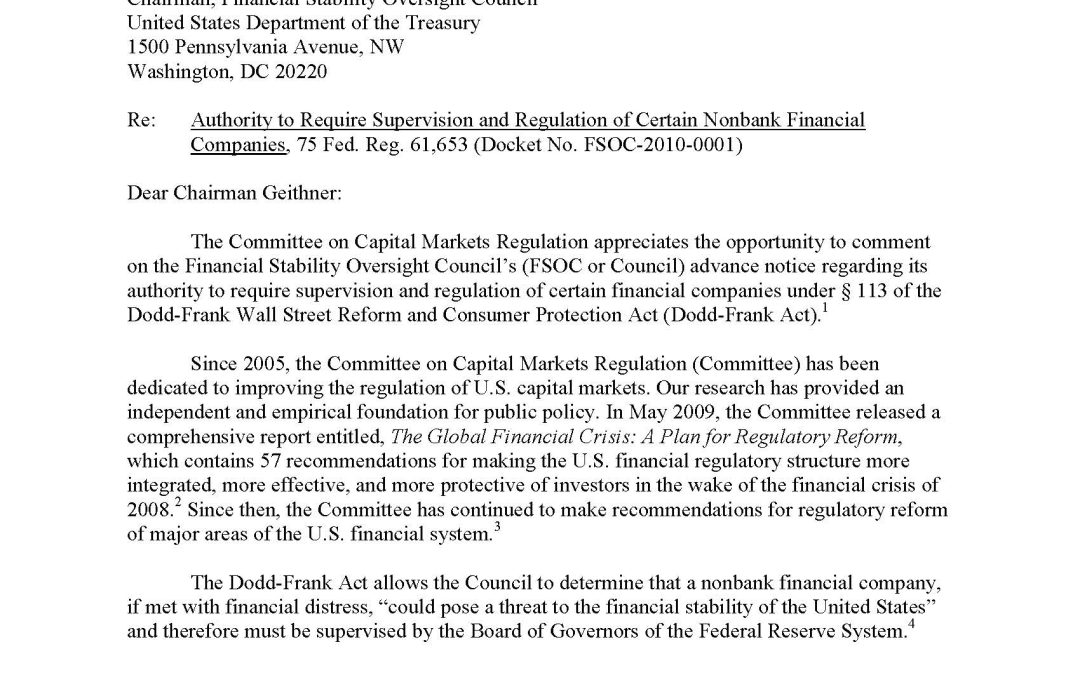 Comment Letter to the FSOC Regarding the Designation of Financial Companies as Systemically Important