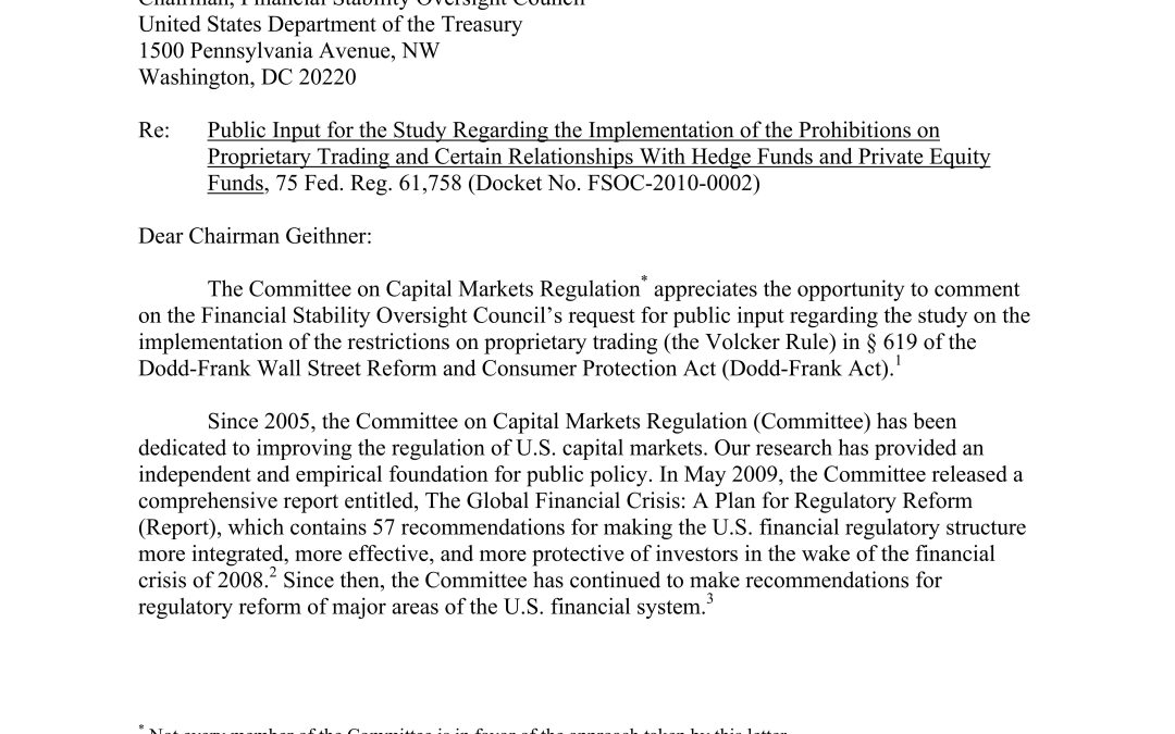 Comment Letter to the FSOC regarding the Volcker Rule