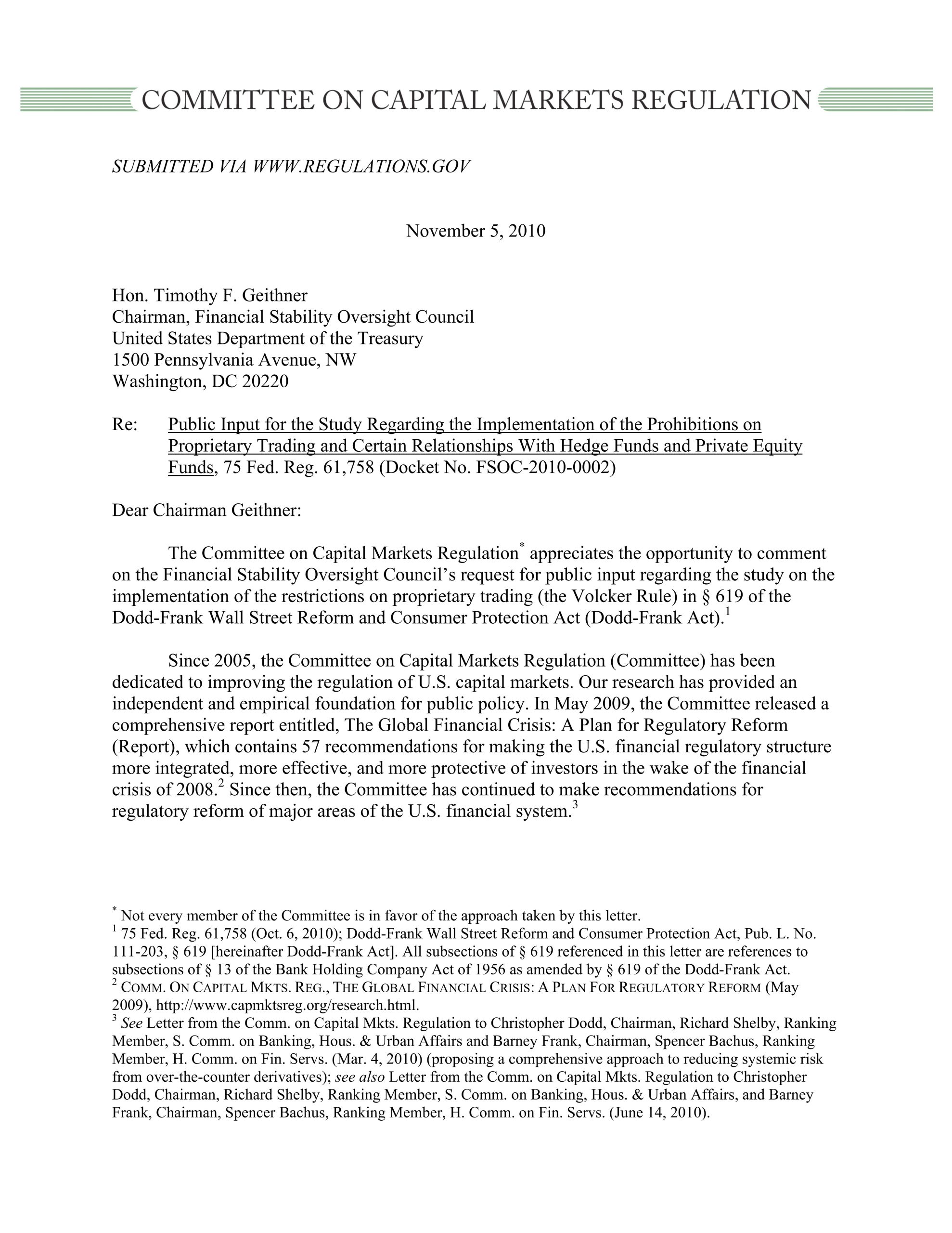 Comment Letter to the FSOC regarding the Volcker Rule