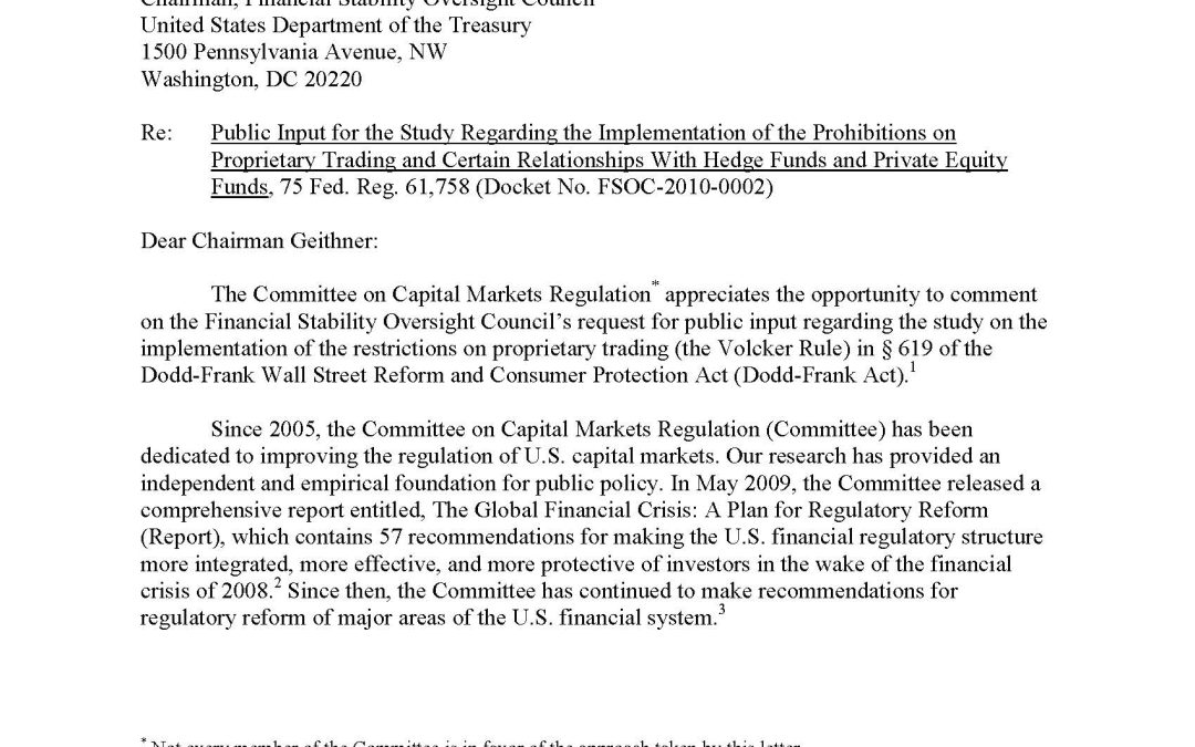 Comment Letter to the FSOC regarding the Volcker Rule
