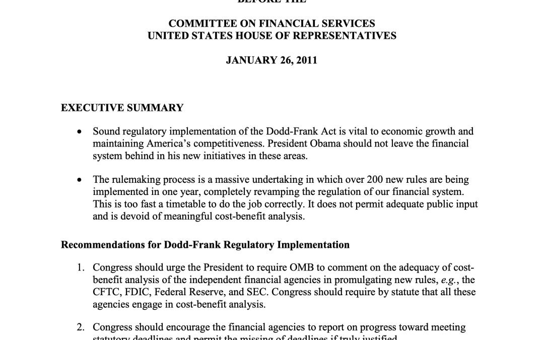 Hal S. Scott Testifies Before House Committee on Financial Services in Hearing Entitled “Promoting Economic Recovery and Job Creation: The Road Forward”