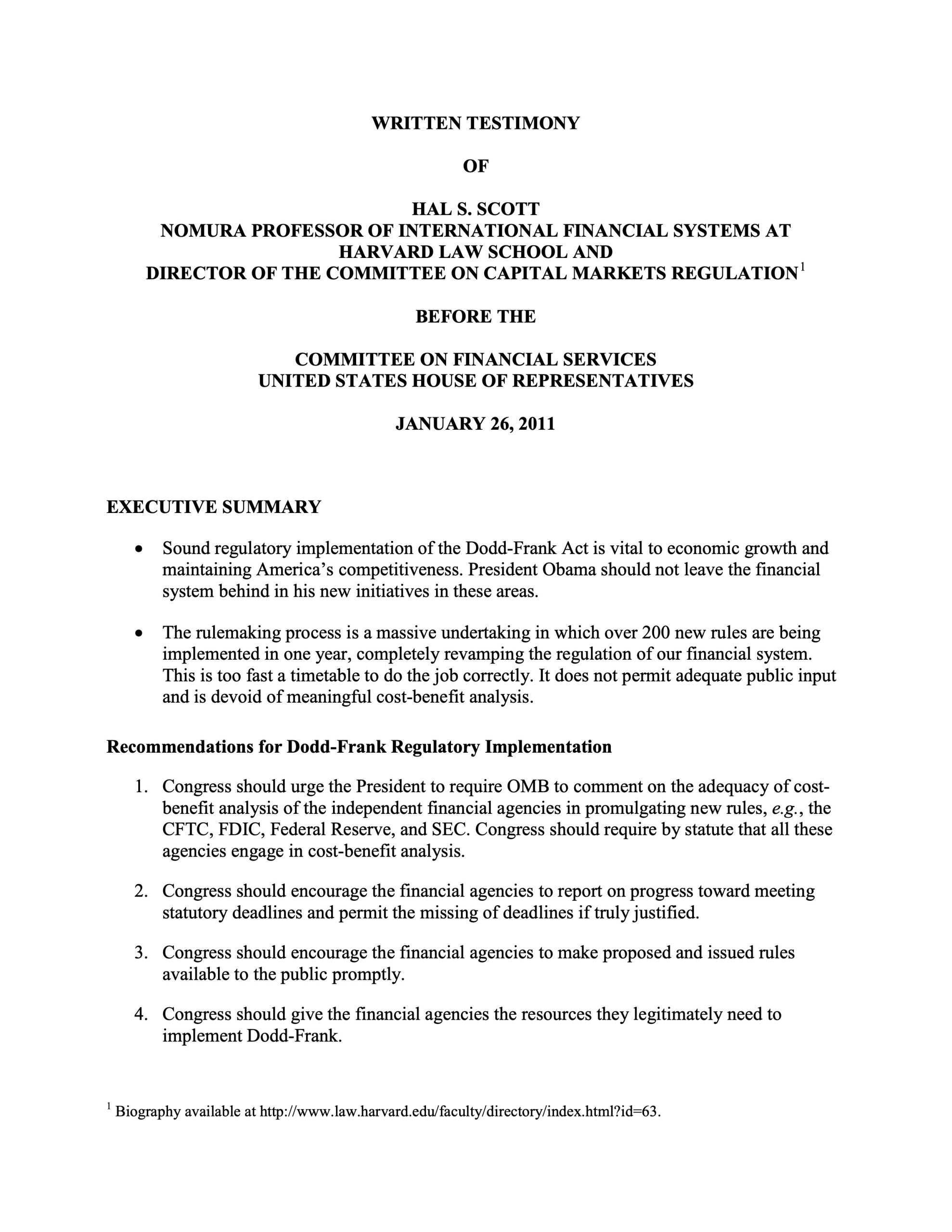 Hal S. Scott Testifies Before House Committee on Financial Services in Hearing Entitled “Promoting Economic Recovery and Job Creation: The Road Forward”