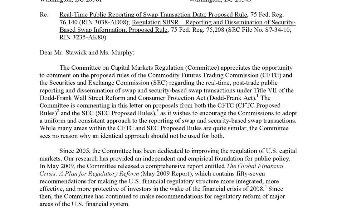 Joint Letter to the CFTC and SEC regarding the reporting of swaps transactions