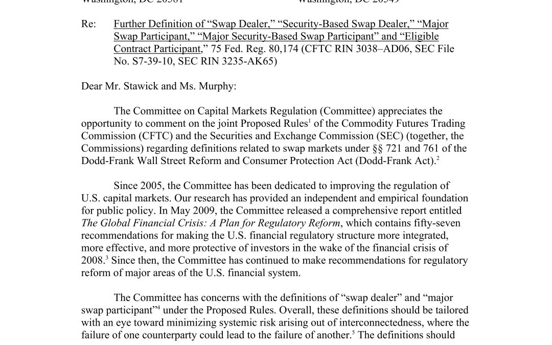 Comment Letter to the CFTC and SEC regarding definitions related to swap markets