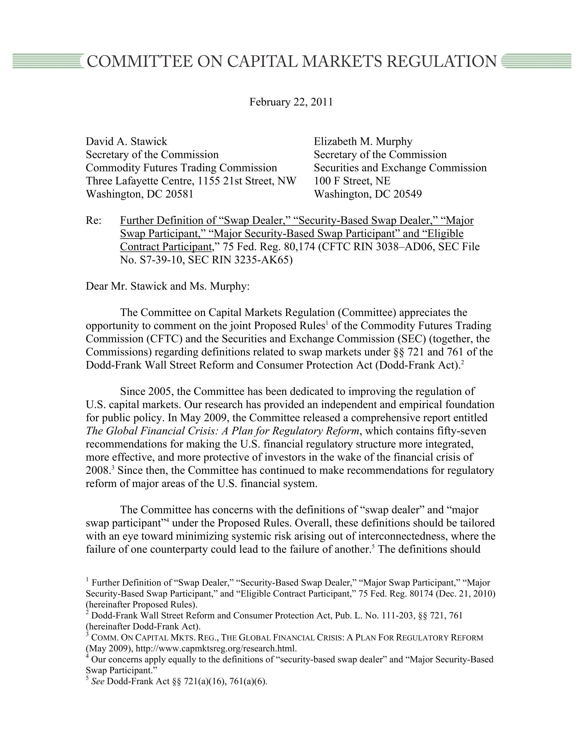 Comment Letter to the CFTC and SEC regarding definitions related to swap markets
