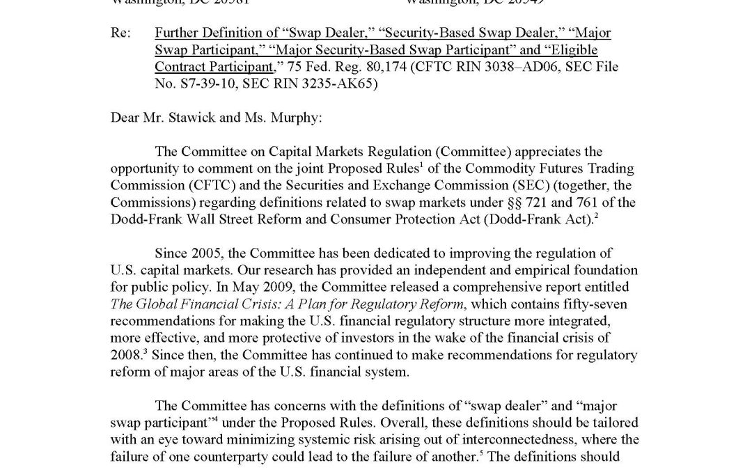 Comment Letter to the CFTC and SEC regarding definitions related to swap markets