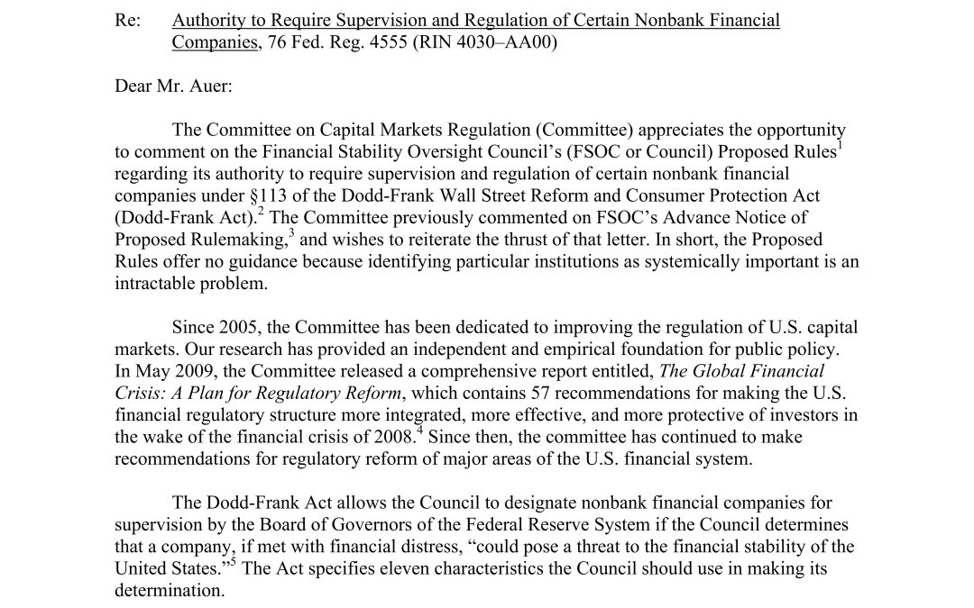 Comment Letter to the FSOC regarding its authority to require supervision and regulation of certain nonbank financial companies