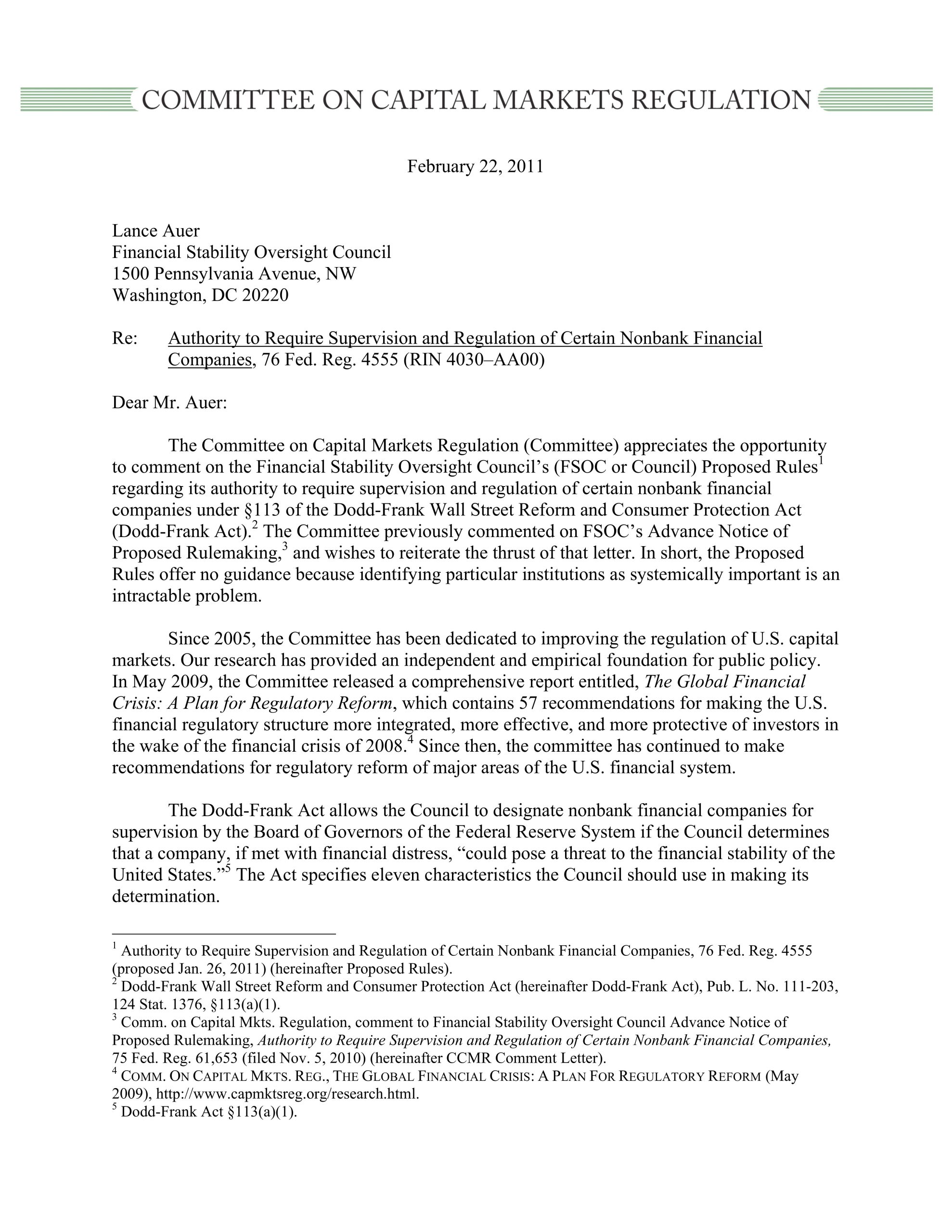Comment Letter to the FSOC regarding its authority to require supervision and regulation of certain nonbank financial companies