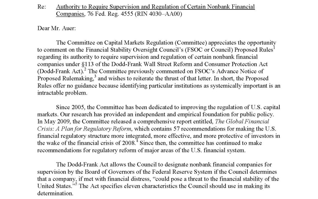 Comment Letter to the FSOC regarding its authority to require supervision and regulation of certain nonbank financial companies