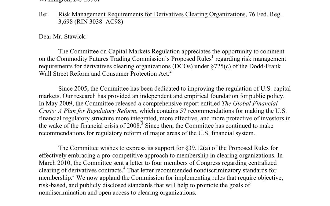 Comment Letter to the CFTC regarding risk management requirements for derivatives clearing organizations