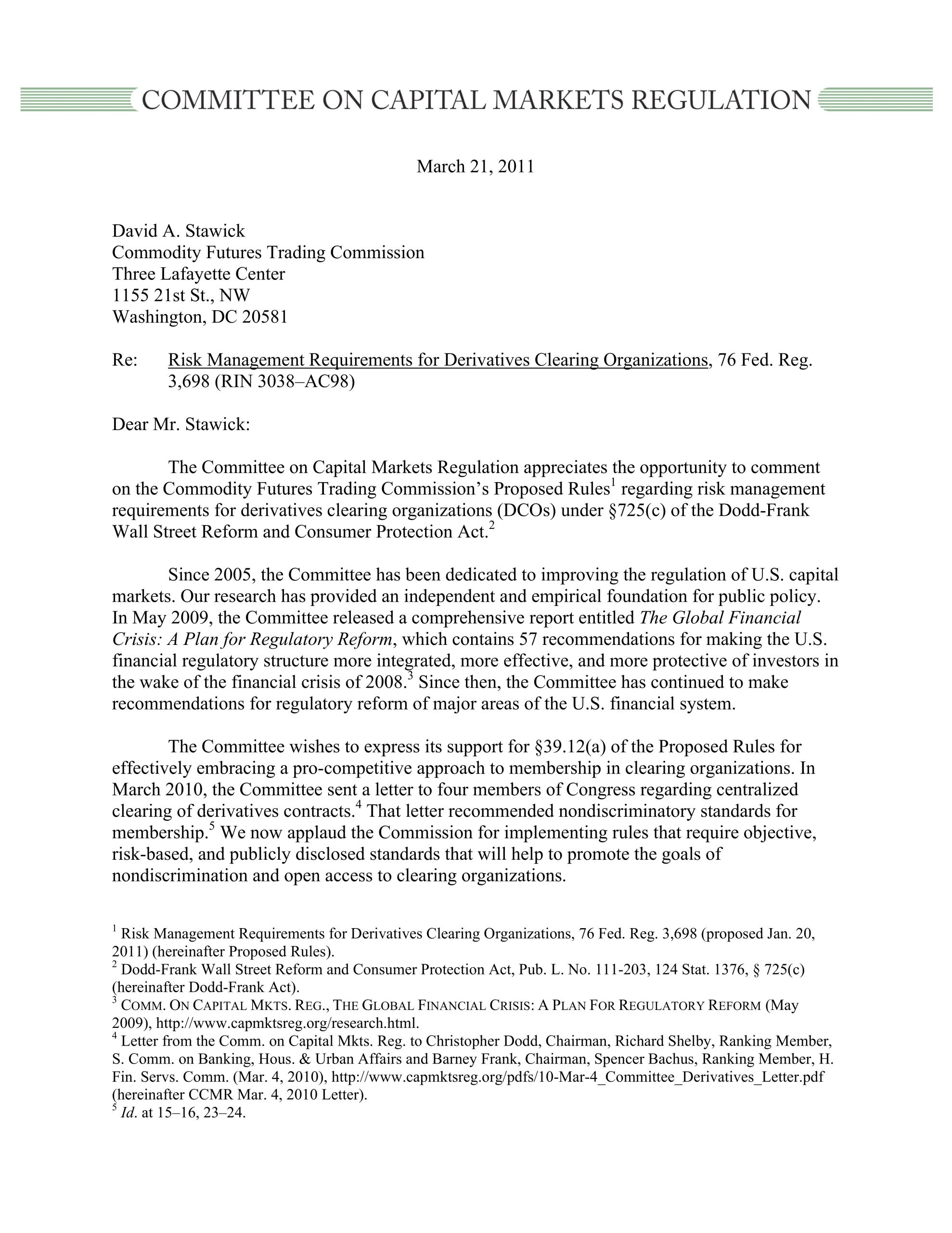 Comment Letter to the CFTC regarding risk management requirements for derivatives clearing organizations