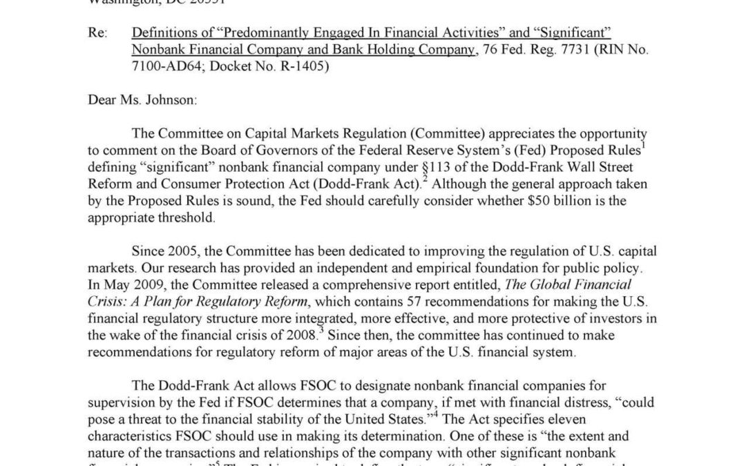 Comment Letter to the FSB regarding definitions related to “significant” nonbank financial companies