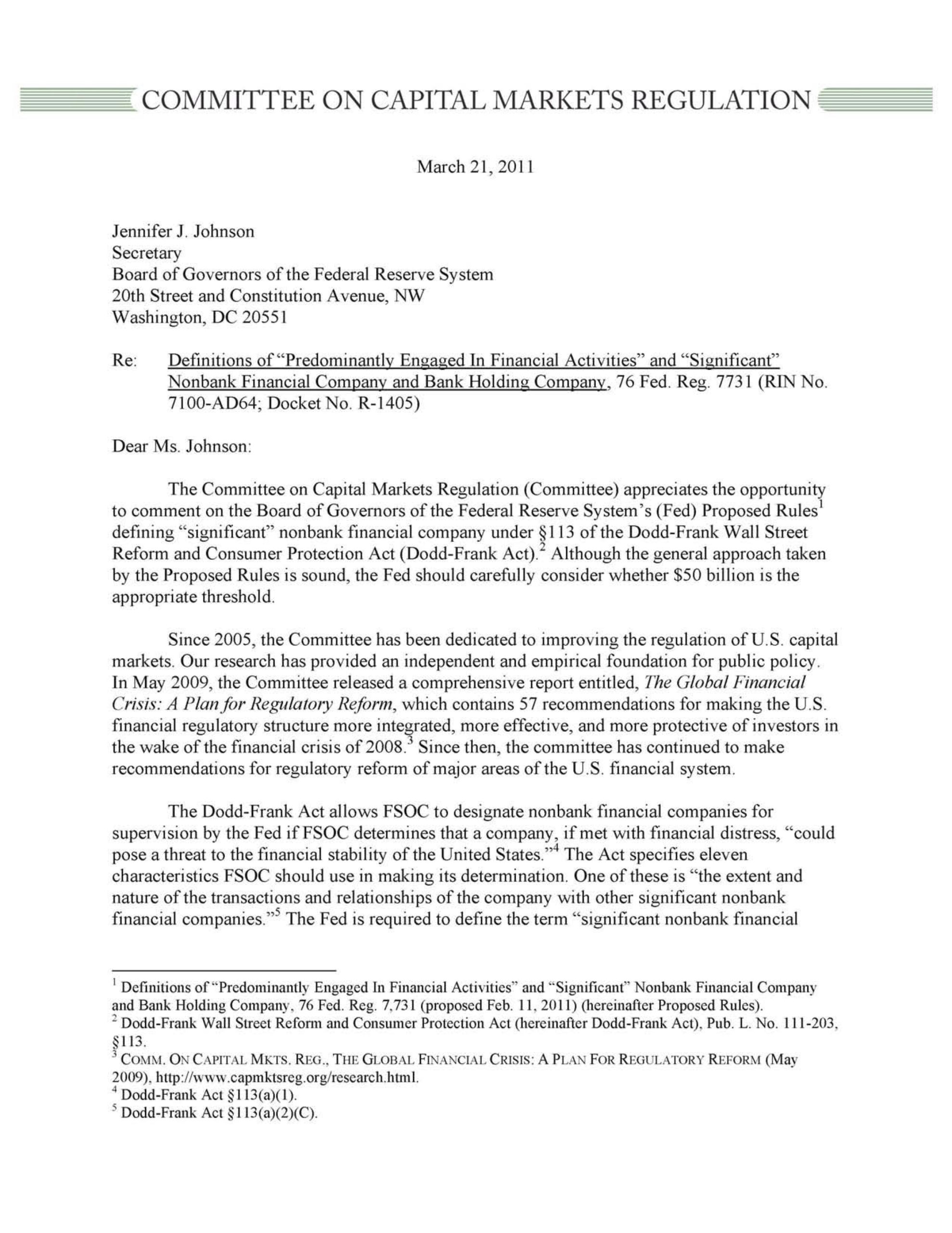 Comment Letter to the FSB regarding definitions related to “significant” nonbank financial companies