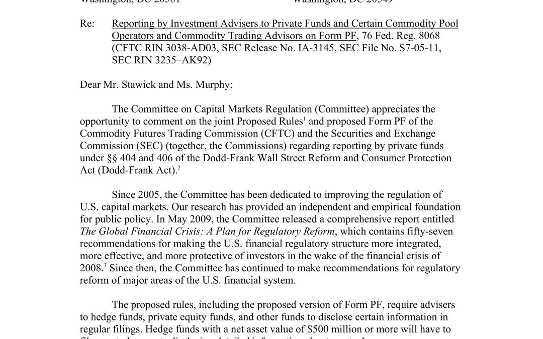 Joint Letter to the CFTC and SEC Regarding Form PF, which requires reporting by private funds