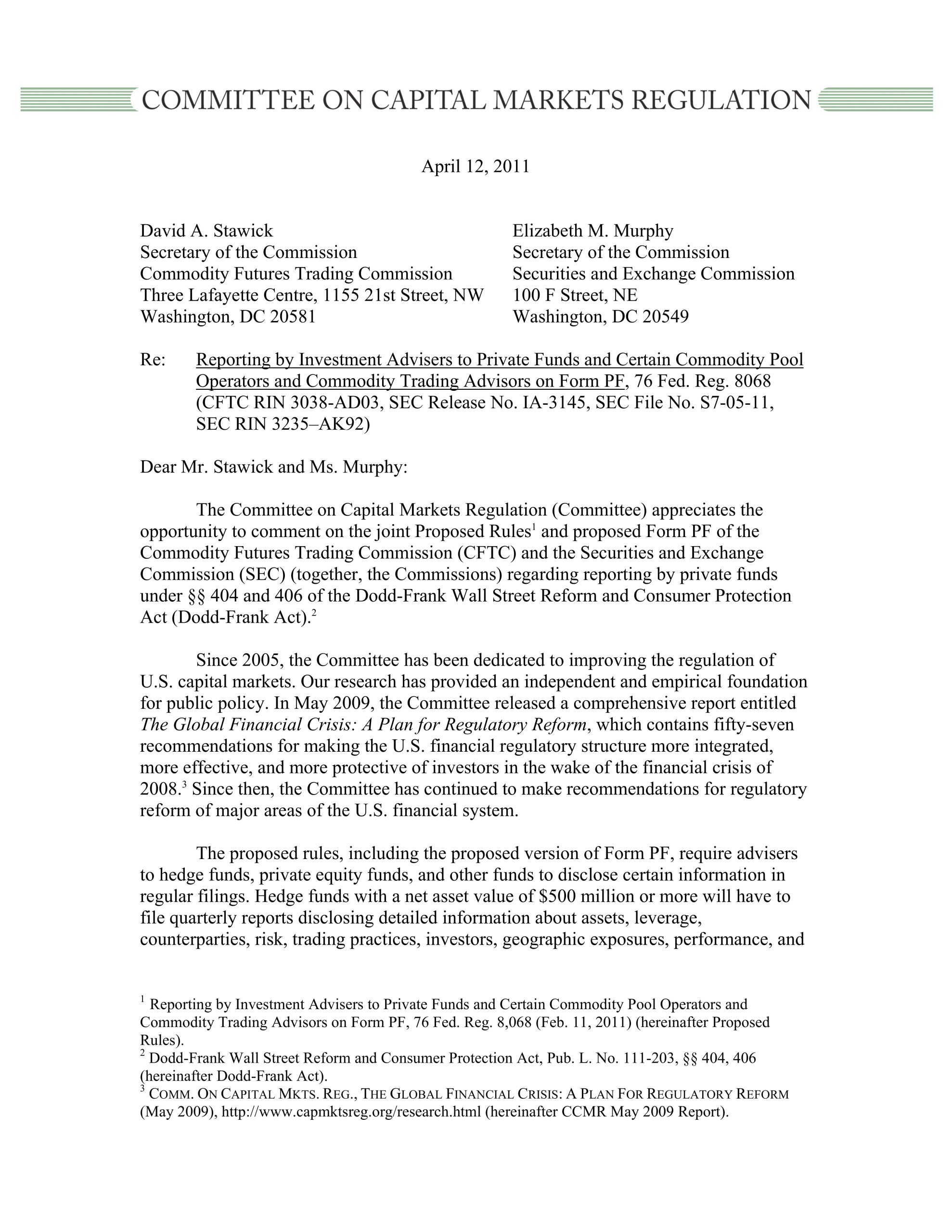Joint Letter to the CFTC and SEC Regarding Form PF, which requires reporting by private funds