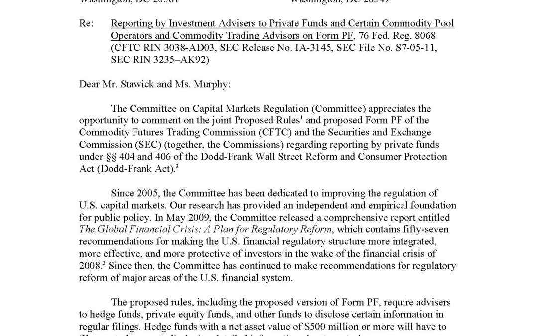 Joint Letter to the CFTC and SEC Regarding Form PF, which requires reporting by private funds